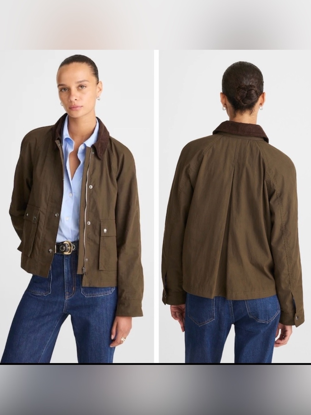NWT Madewell Waxed Zip-Front Jacket in Trench Green, Corduroy Collar, NW759, XXS